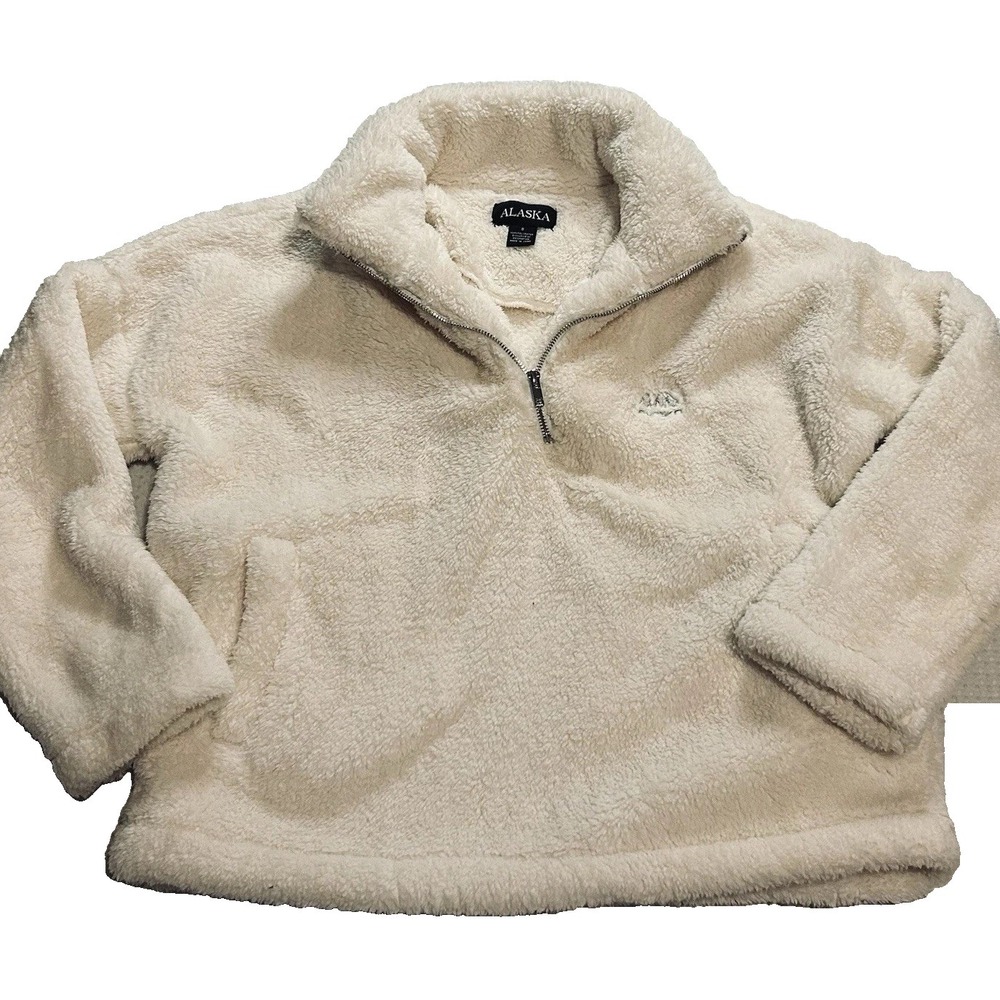 Alaska 1/4 Zip Fuzzy Warm Thick Fleece Pullover Women's SMALL Cream Long Sleeves